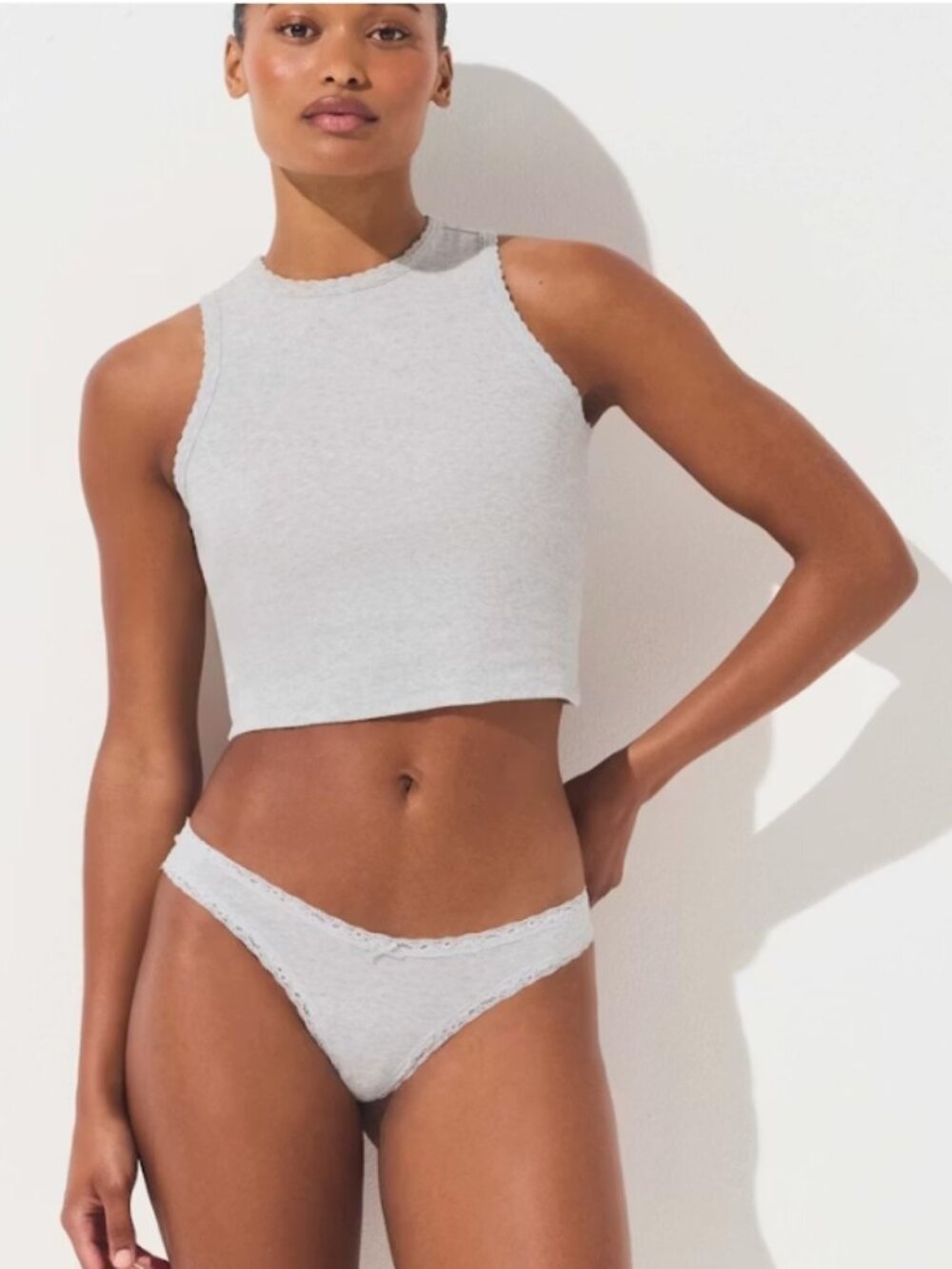 NEW SKIMS Lightweight Cotton Lace Thong Light Heather Gray XS NWOT